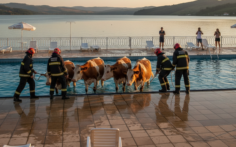 Vacas caem em piscina de clube para se refrescar do calor em Minas Gerais