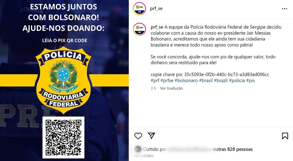 Página da PRF-SE pede doações para ex-presidente Jair Bolsonaro em rede social; corporação investiga fraude