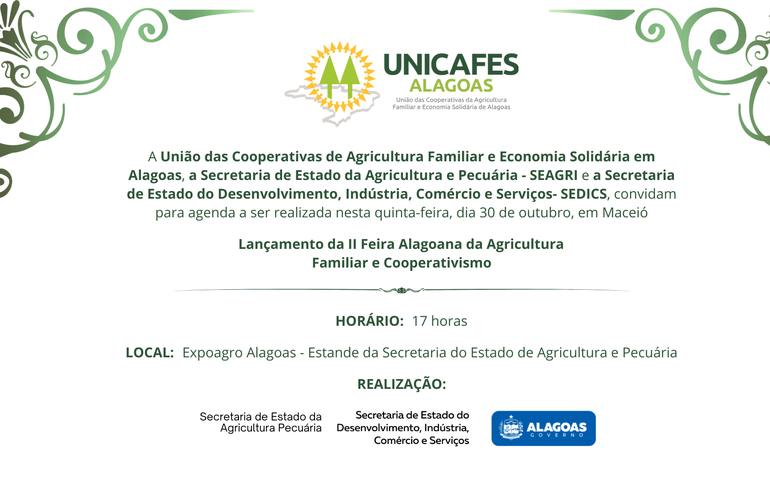 Lançamento da II Feira Alagoana da Agricultura Familiar e Cooperativismo acontece nesta quinta (30)