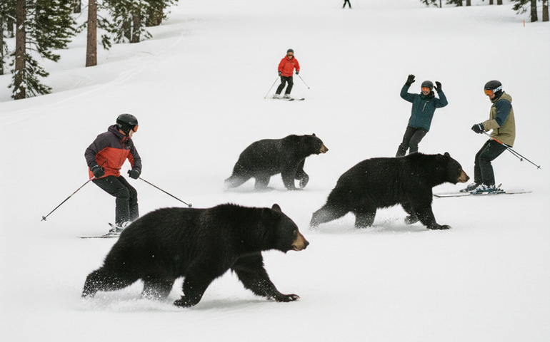 Surpresa na neve: ursos invadem pista de esqui nos EUA