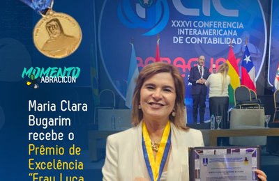 Maria Clara Bugarim, presidente da Abracicon, recebe o prêmio de excelência “Fray Luca Bartolomeo Paccioli”