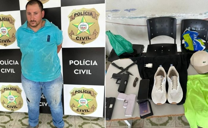 Suspeito do homicídio foi preso e material apreendido com ele é exposto pela polícia
