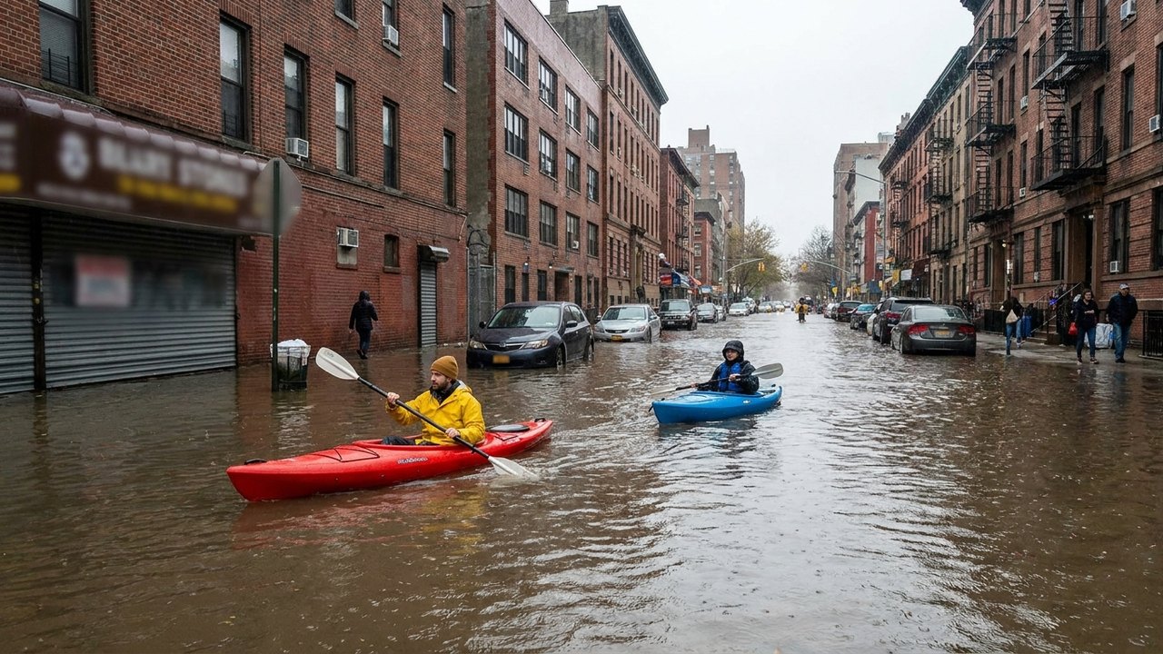 Vídeo mostra pessoas remando de caiaque em ruas alagadas de Nova York