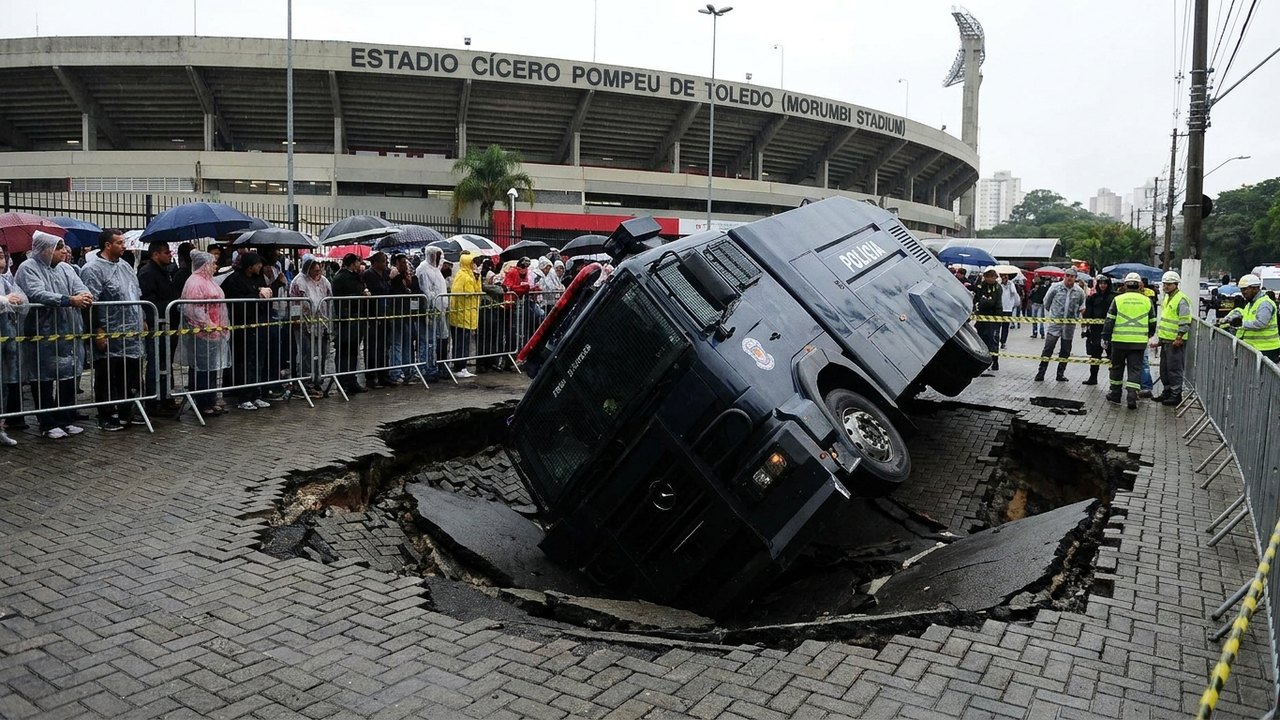 Viatura do Choque tomba após calçada ceder em frente ao Morumbi antes de show de Harry Styles em SP; vídeo