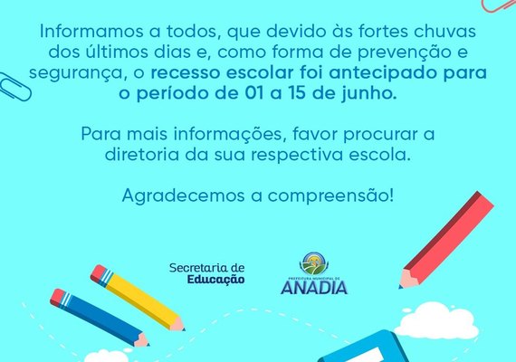 Prefeitura de Anadia antecipa recesso escolar devido às chuvas