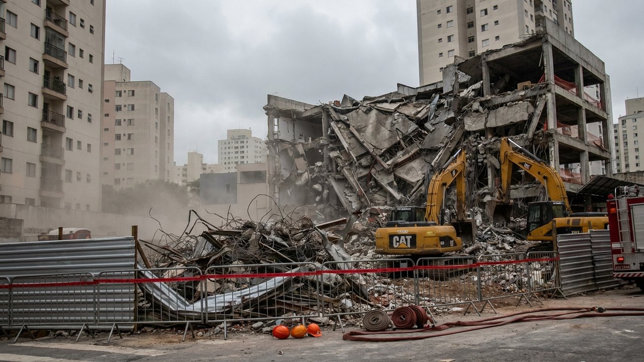 Menina é resgatada após desmoronamento de prédio em construção em SP