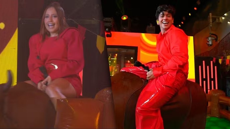 Mari Fernandez e Léo Foguete brincam no touro mecânico em festa