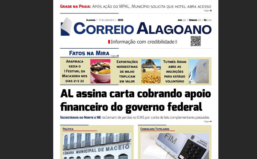 AL assina carta cobrando apoio financeiro do governo federal