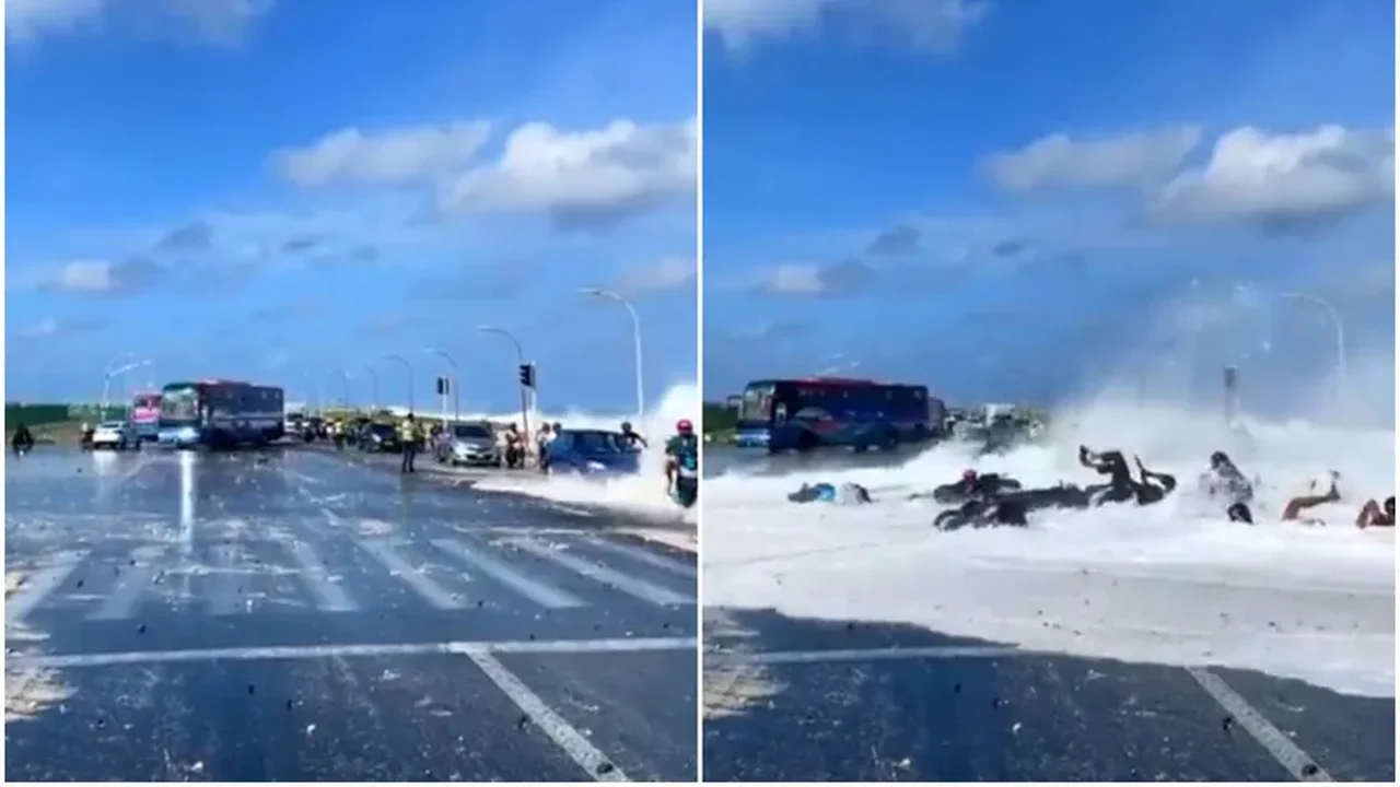 Veículos são derrubados por ondas ao atravessar ponte nas Maldivas