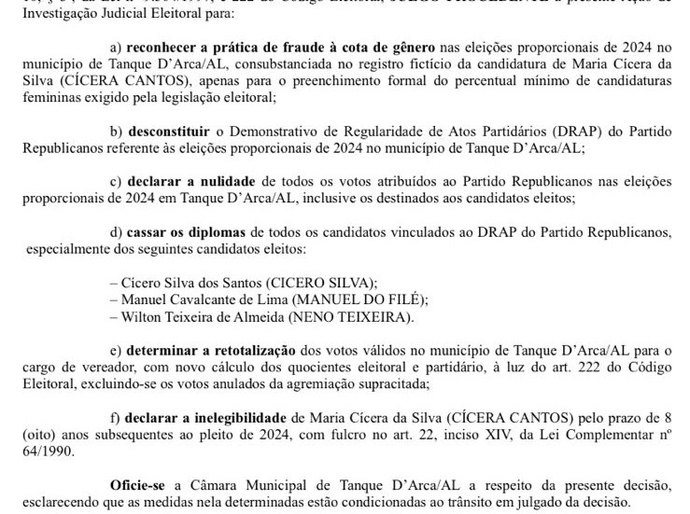 Justiça Eleitoral cassa chapa do Republicanos em Tanque D’Arca por fraude à cota de gênero