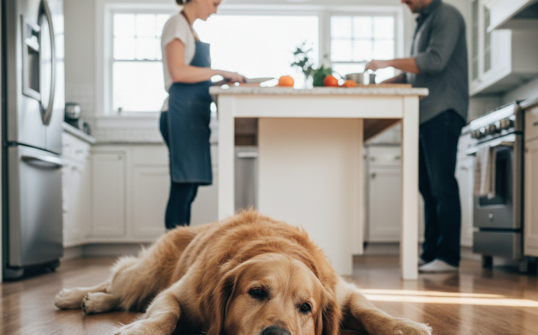 Cão viraliza ao fingir que está dormindo ao ver o dono