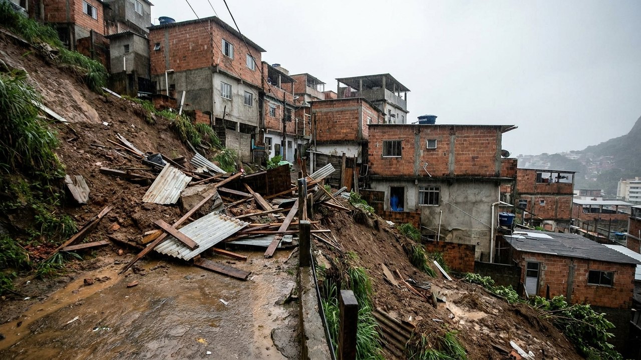 Chuva forte provoca deslizamento de terra na Rocinha, no Rio