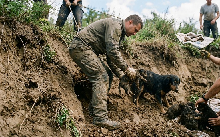 Cadela cega e seus sete filhotes são resgatados após três dias presos em barranco