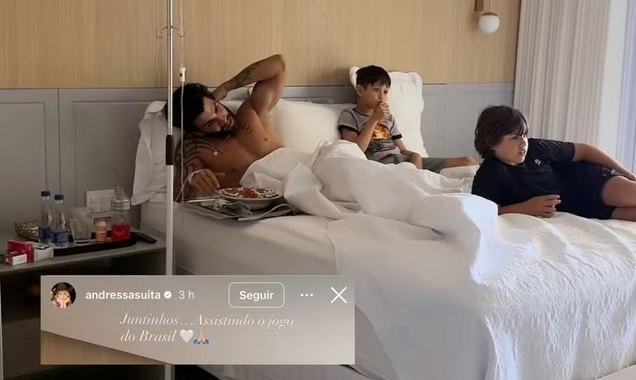 Após cancelar show, Gusttavo Lima aparece tomando medicação na veia durante jogo do Brasil - Foto: Reprodução/Instagram