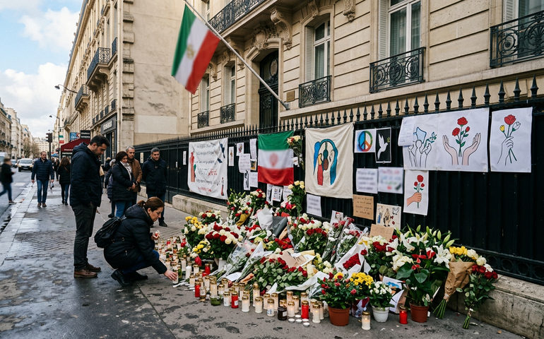 Memorial improvisado homenageia vítimas de ataques dos EUA e Israel em frente à embaixada iraniana em Paris