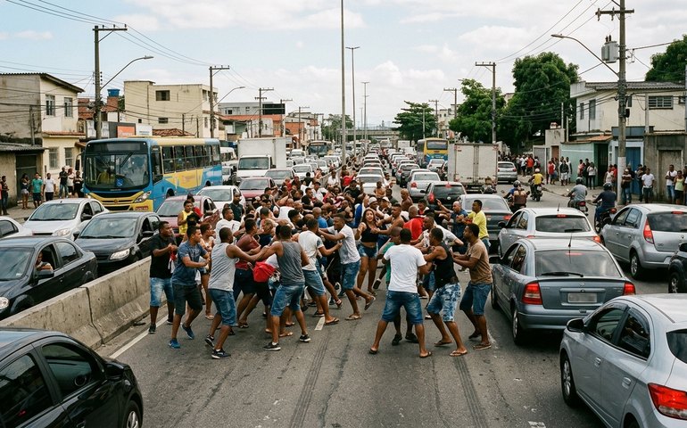 Briga generalizada interrompe trânsito na Avenida Brasil, em Ramos