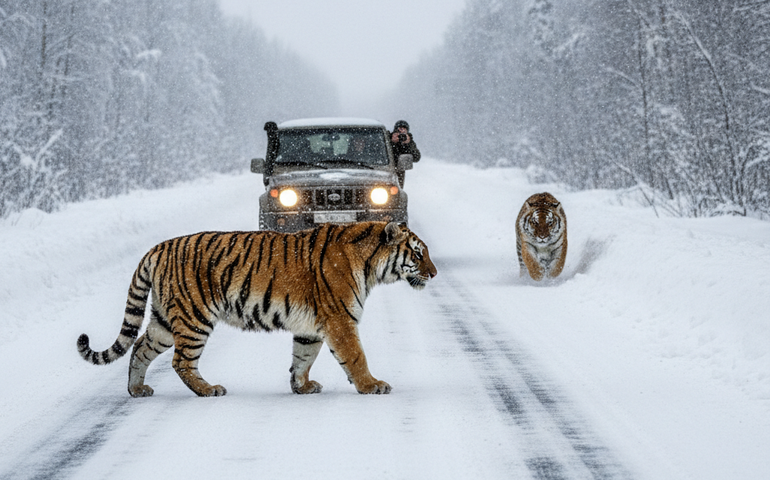 Motorista se depara com tigres-de-amur em estrada nevada