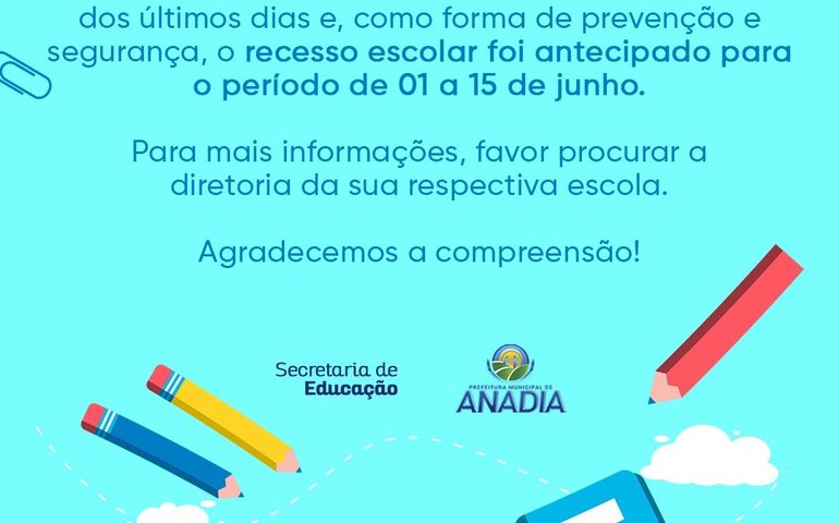 Prefeitura de Anadia antecipa recesso escolar devido às chuvas
