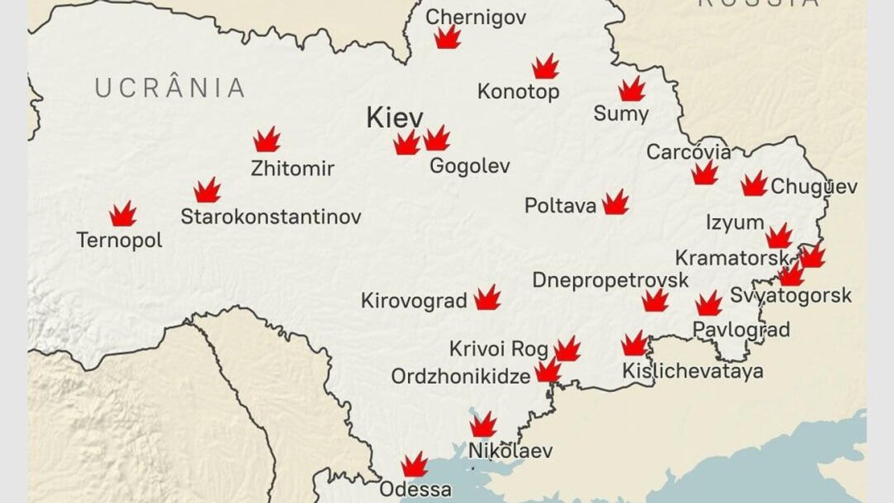 Confira o mapa dos ataques russos contra instalações militares na Ucrânia de 20 a 26 de maio