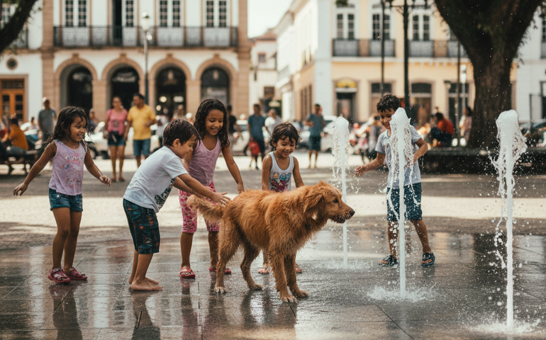 Cachorro brincando em fonte com crianças viraliza no centro de Lages