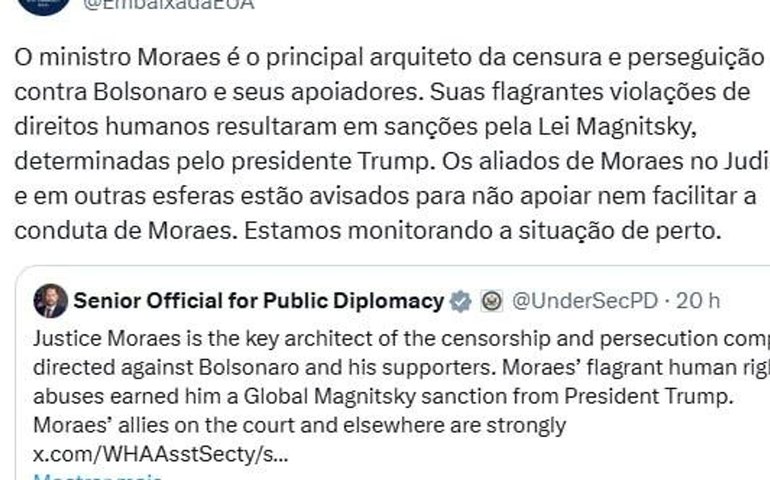 Embaixada dos EUA no Brasil dispara contra Moraes: 'Aliados estão avisados'