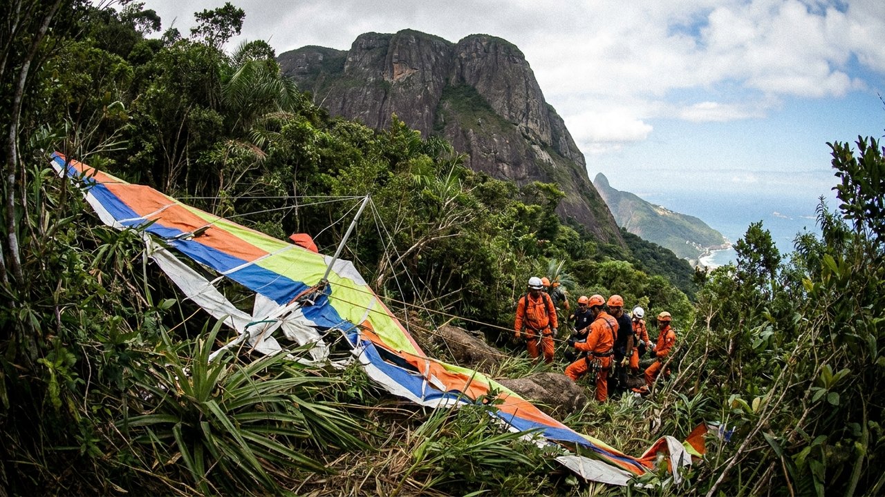 Asa-delta cai em área de difícil acesso após decolagem da Pedra Bonita, no Rio
