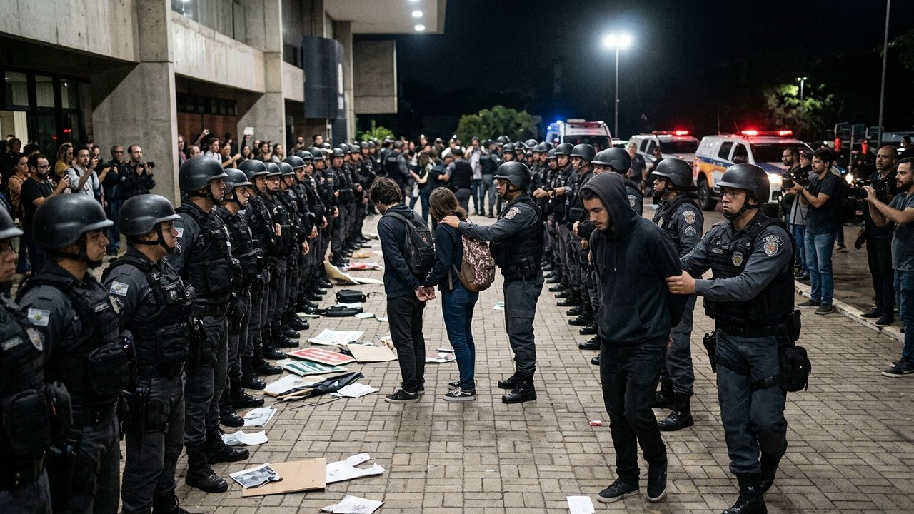 PM desocupa reitoria da USP com 'corredor polonês'; quatro estudantes são detidos