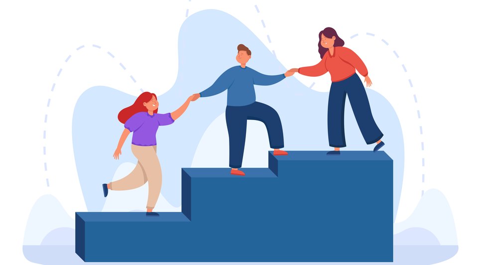 Help and support to climbing employee from mentor or leader hand / Foto: <a href="https://br.freepik.com/vetores-gratis/ajuda-e-suporte-para-escalar-o-funcionario-da-mao-do-mentor-ou-do-lider-equipe-de-pessoas-corporativas-subindo-a-escada-juntos-ilustracao-vetorial-plana-crescimento-de-carreira-de-sucesso-lideranca-conceito-d