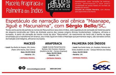 Circuito de oralidades do Sesc/AL acontece em Maceió, Arapiraca e Palmeira em julho
