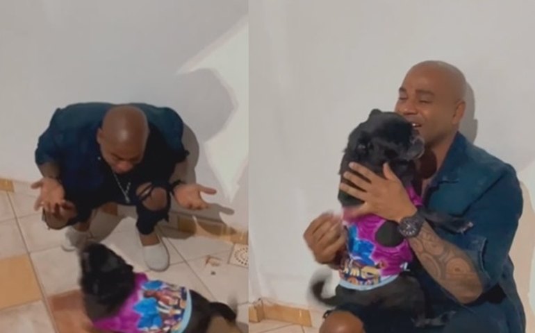 Cezar volta para sua casa após eliminação do BBB 23 e se emociona ao reencontrar cachorro