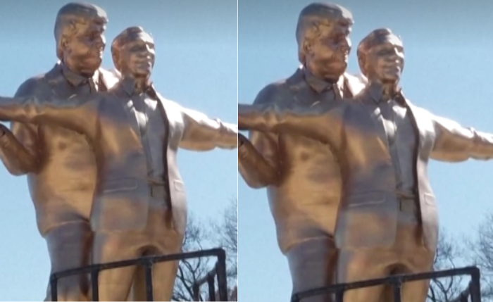 Instalação artística retrata Trump e Epstein em referência ao filme “Titanic”