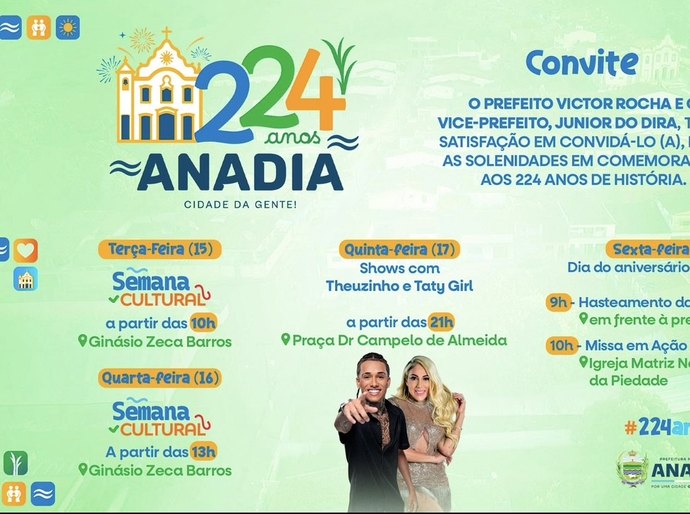 224 anos: Prefeitura de Anadia anuncia programação da Semana Cultural