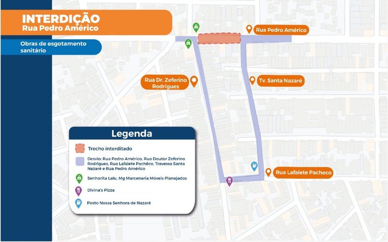 Trecho da Rua Pedro Américo é interditado para obras de esgotamento sanitário