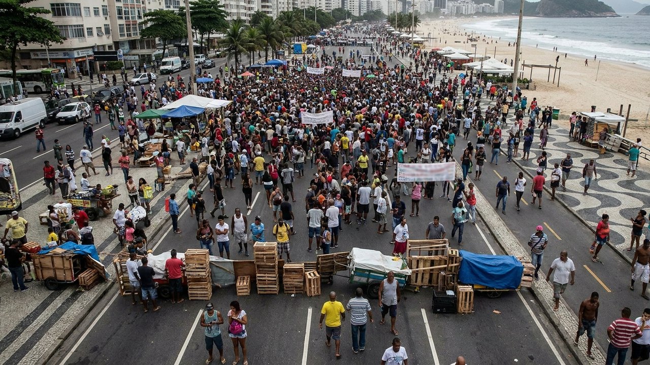 Camelôs fecham pistas da Avenida Atlântica, em Copacabana