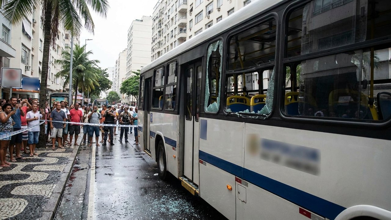 Ônibus superlotado tem janelas e vidros quebrados durante confusão em Copacabana
