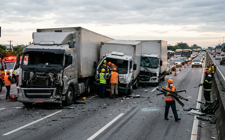 Engavetamento com cinco veículos na Dutra deixa um ferido grave