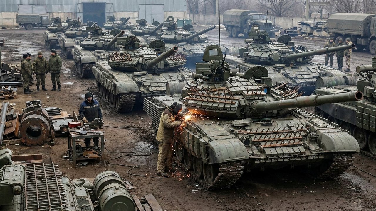 Produção em massa dos 'ouriços': veja instalação de proteção adicional em tanques russos