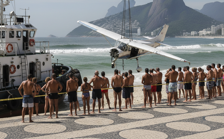 Avião retirado do mar após queda em Copacabana