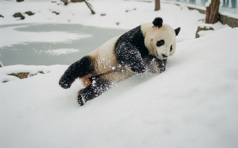 Brincadeira não tem idade: panda adulta se diverte na neve no Zoológico de Moscou