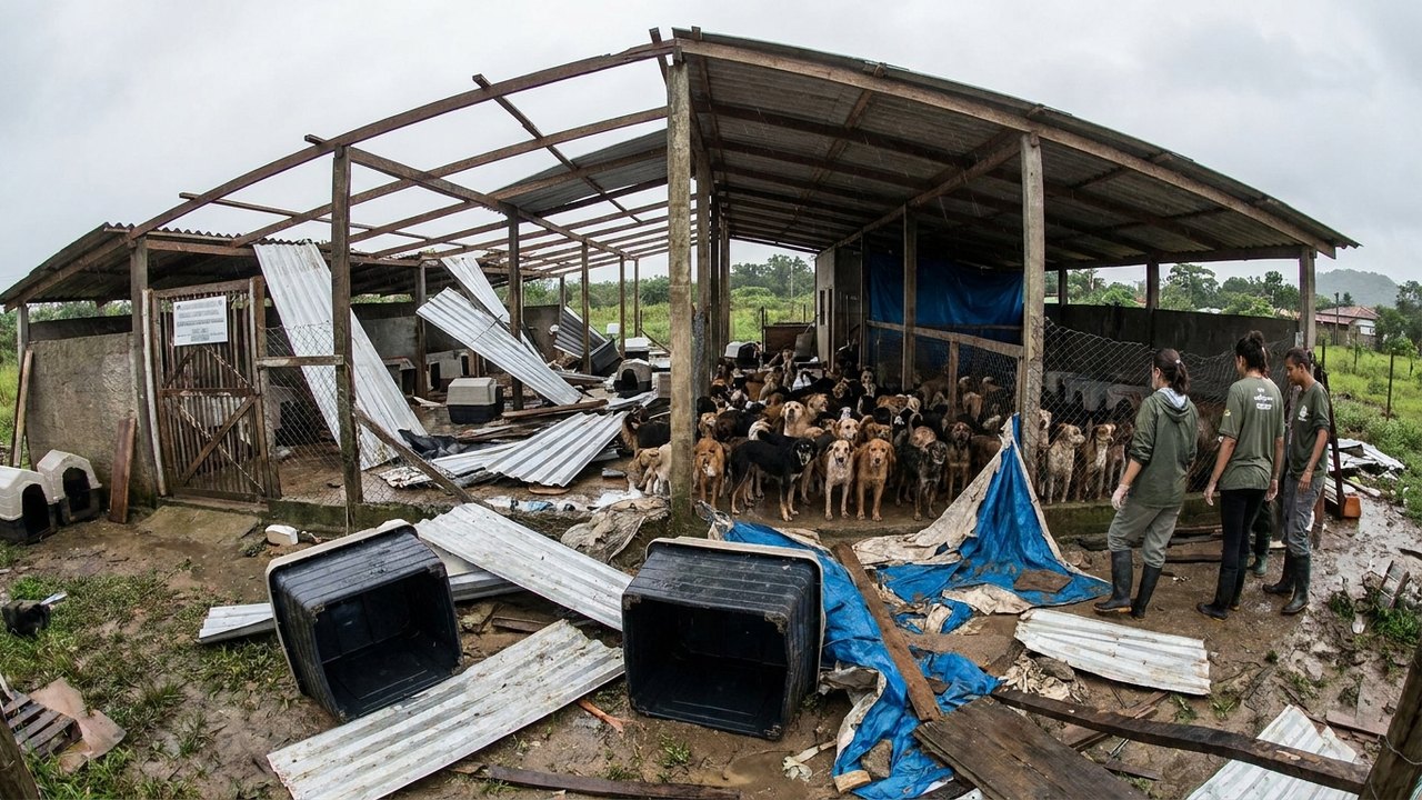 Após ventania no Rio, ONG perde telhado e deixa 100 cães desabrigados em Itaguaí: 'Perdemos tudo'