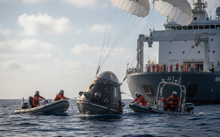 Espaçonave Crew Dragon retorna à Terra após missão na Estação Espacial Internacional