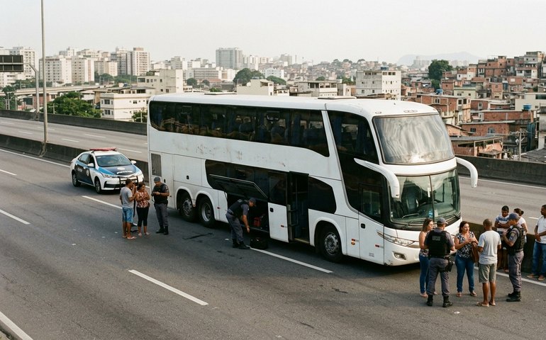 Homens armados de fuzis assaltam ônibus de turismo na Linha Vermelha e levam até cinzas de uma vítima