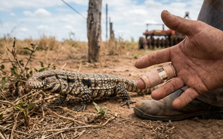 Lagarto teiú arranca parte do dedo de trabalhador em Mato Grosso