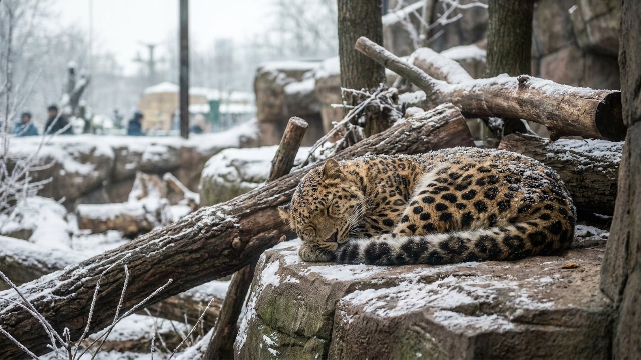 Leopardo-de-amur encanta ao ser flagrado dormindo no Zoológico de Moscou