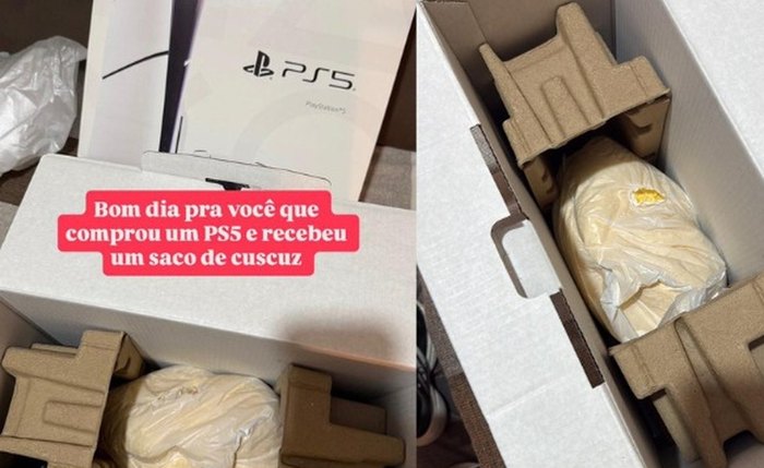 Caixa identificada como PlayStation 5 foi aberta diante de câmera, mas continha apenas um pacote de fubá para cuscuz