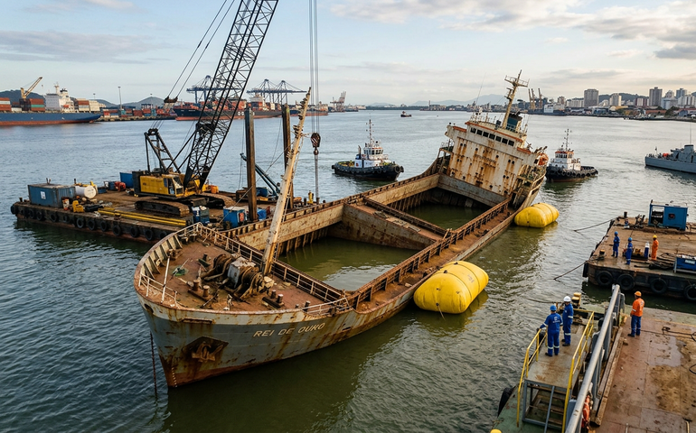Navio histórico que afundou parcialmente em Santos será içado; Marinha investigará causas