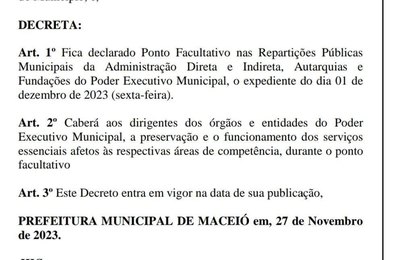 Prefeitura de Maceió decreta ponto facultativo na próxima sexta-feira (1º)
