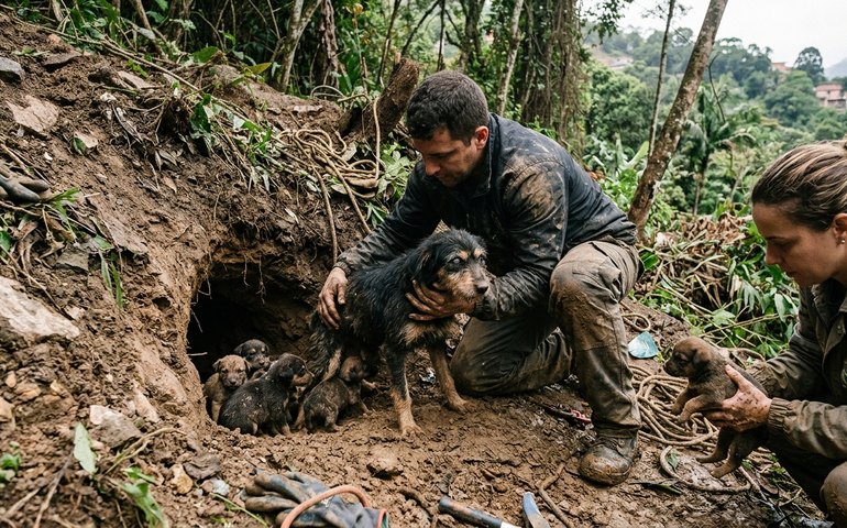 Cadela cega é resgatada com sete filhotes de buraco em barranco em Petrópolis