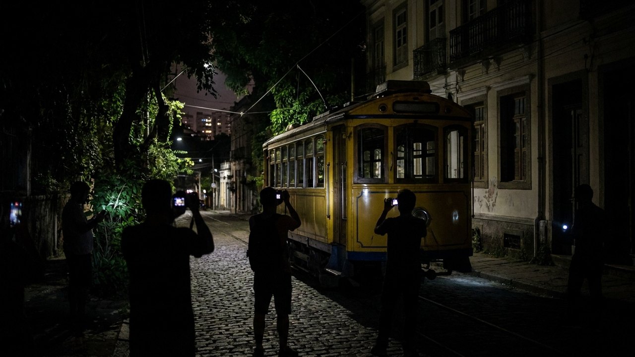 Arte na escuridão: em meio a blecaute em Santa Teresa, fotógrafo captura imagens mágicas dos bondes parados