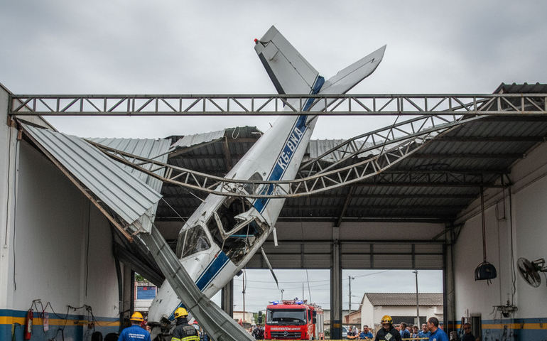 Avião de pequeno porte cai sobre galpão de oficina em Guarapari